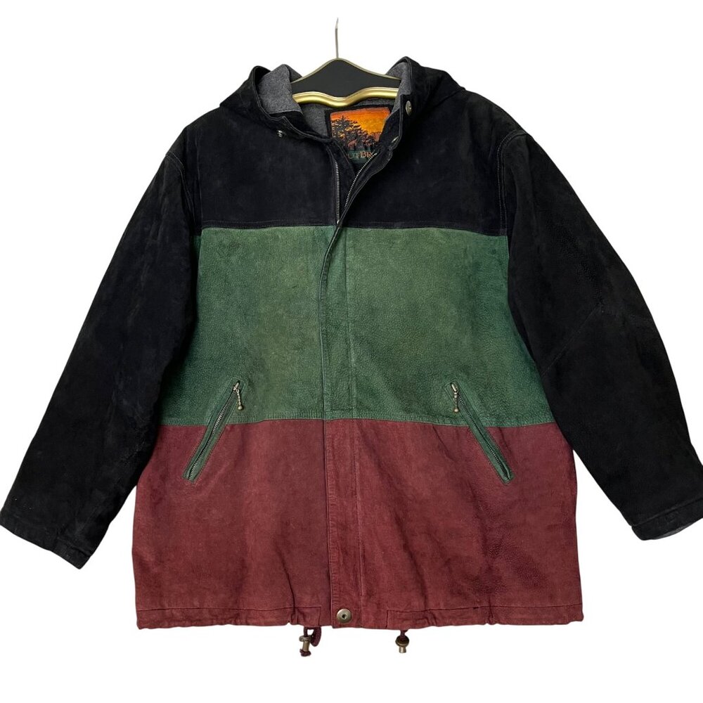 VTG Outbrook  Womens XL Coat Jacket Color Block Hooded Suede Leather 90s Retro